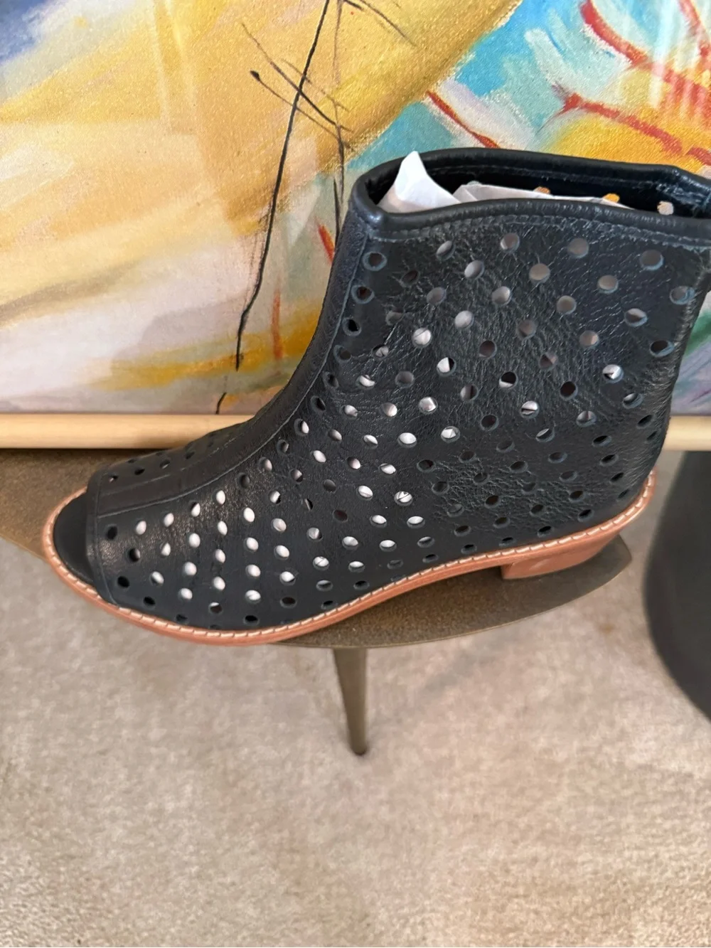 Loeffler Randall Black Perforated Peep-Toe Ankle Booties with Tan Sole